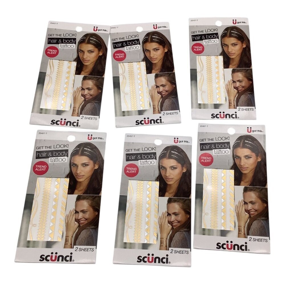 Scunci Temporary Gold & Silver Hair & Body Tattoos 2 Sheets Each Lot of 6